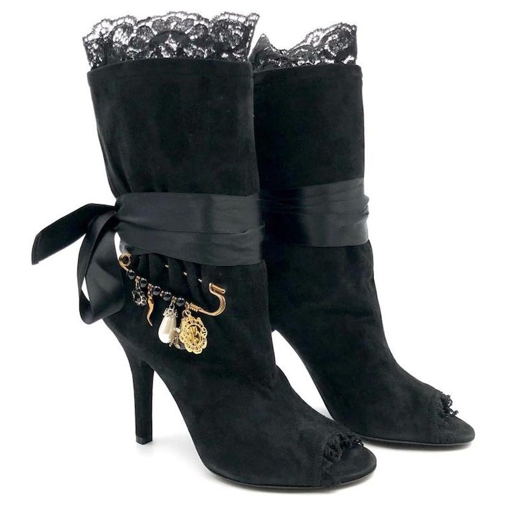 Dolce and Gabbana Black Suede Charm Tie Around Peep Toe Ankle Boots